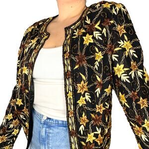 Vintage Scala Brown Beige Floral Beaded Embellished Silk Jacket Large